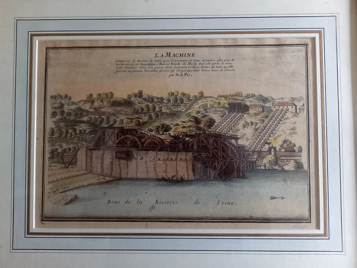Gravure XVIIE aquarellée : la machine de Marly par Nicolas de Fer