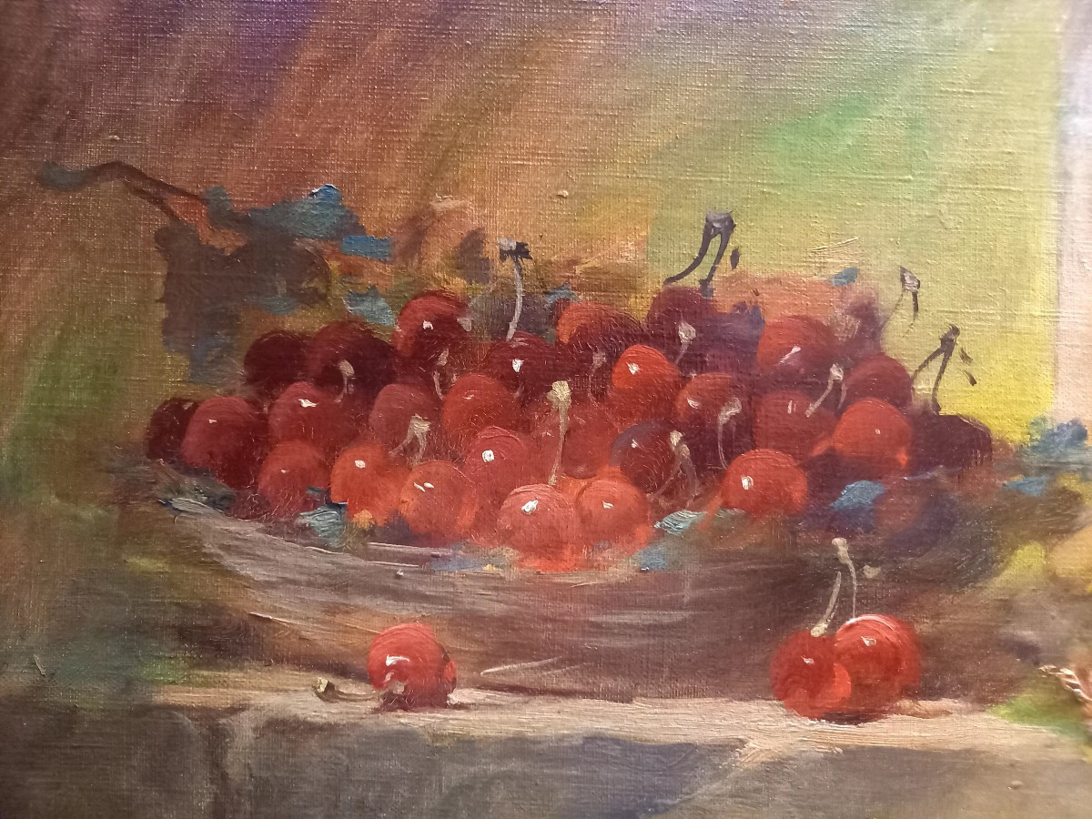 Nature morte vers 1900 : cerises et prunes dans des paniers-photo-3