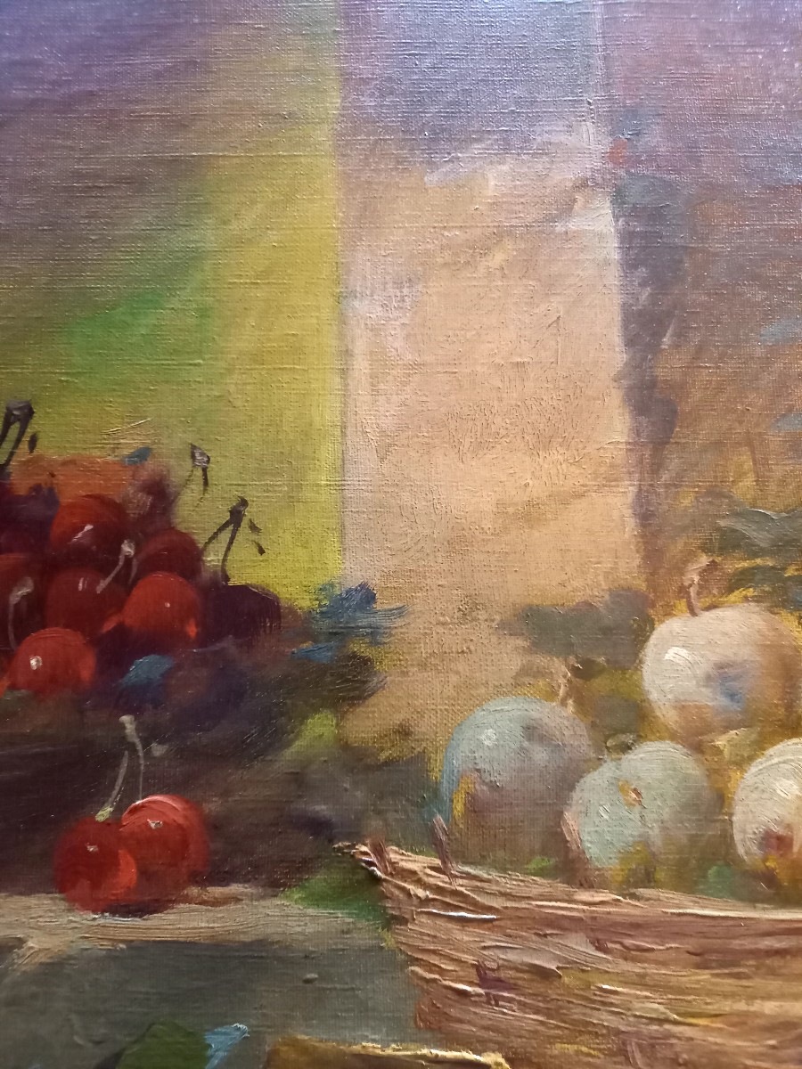 Nature morte vers 1900 : cerises et prunes dans des paniers-photo-2