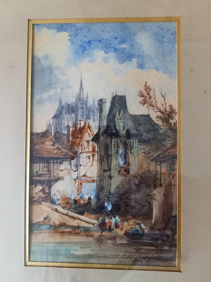 Aquarelle vers 1840 : le vieux village fortifié -photo-3