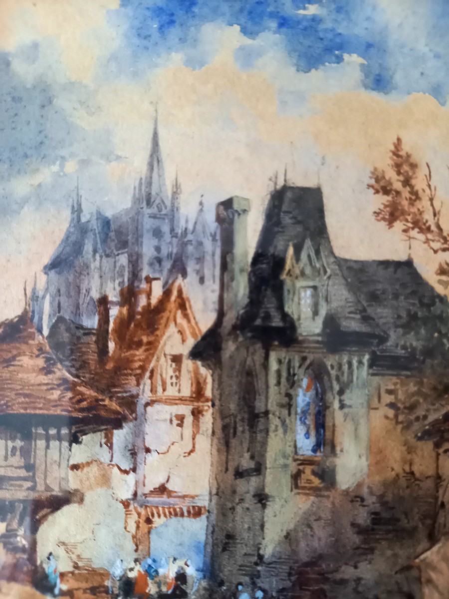 Aquarelle vers 1840 : le vieux village fortifié -photo-1