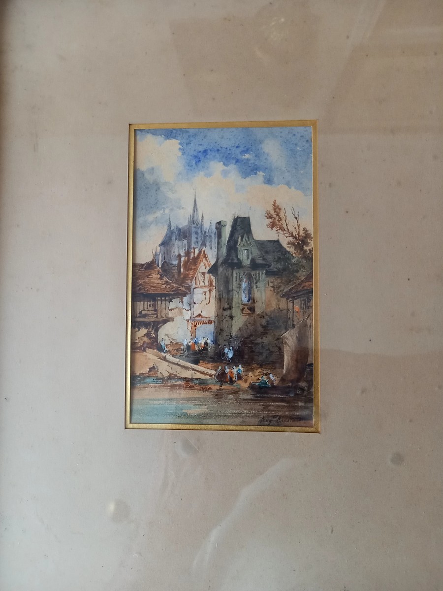 Aquarelle vers 1840 : le vieux village fortifié 