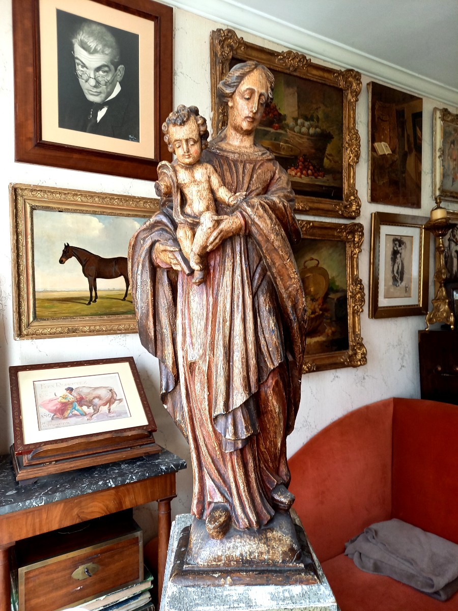 Vierge à l'enfant début XVIIIE en bois sculpté -photo-2