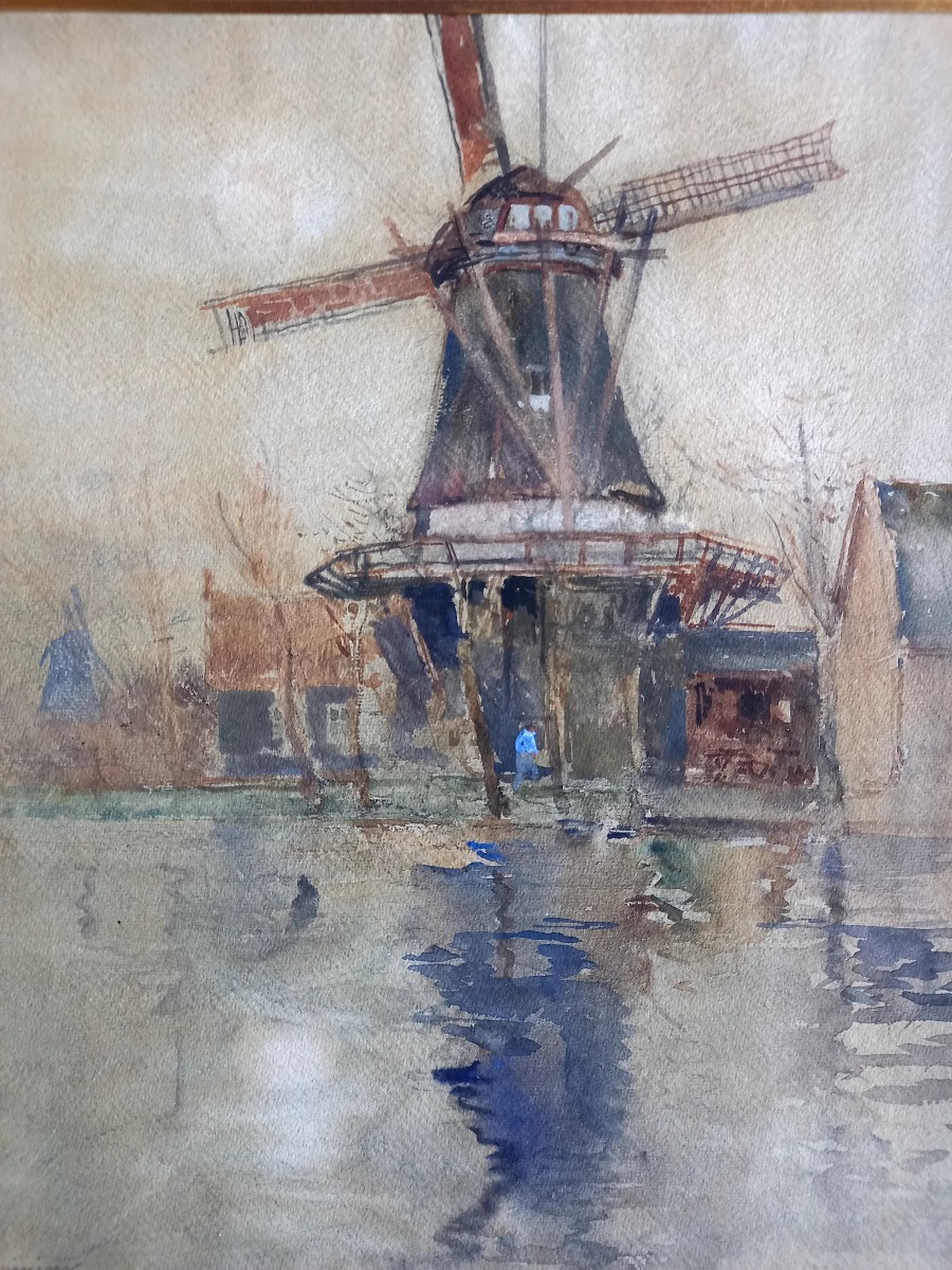 Luigini , Aquarelle : les moulins sur le canal