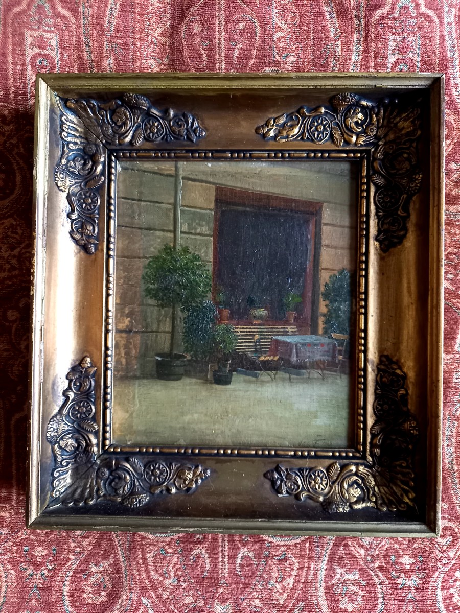 Huile sur panneau. 1909 . Sur la terrasse -photo-2