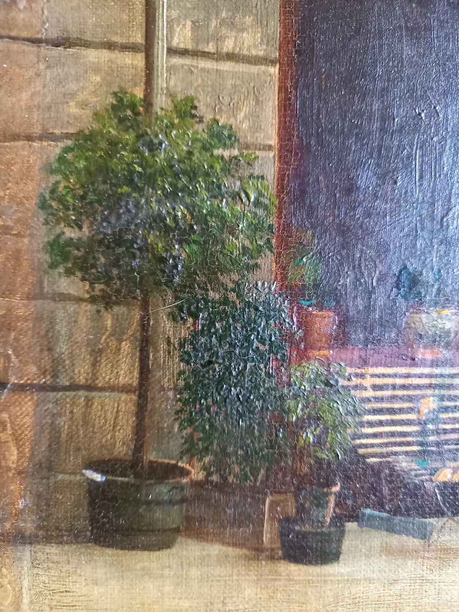 Huile sur panneau. 1909 . Sur la terrasse -photo-4