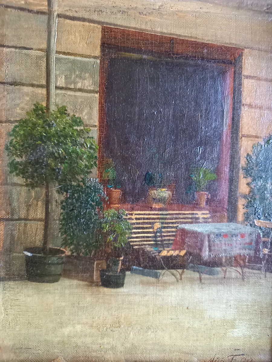 Huile sur panneau. 1909 . Sur la terrasse 