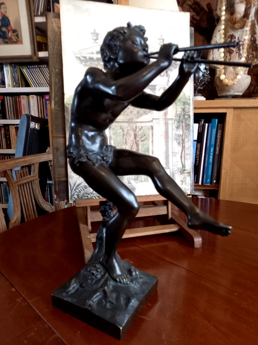 Edouard Drouot. Jeune satyre jouant de l'aulos. Bronze 