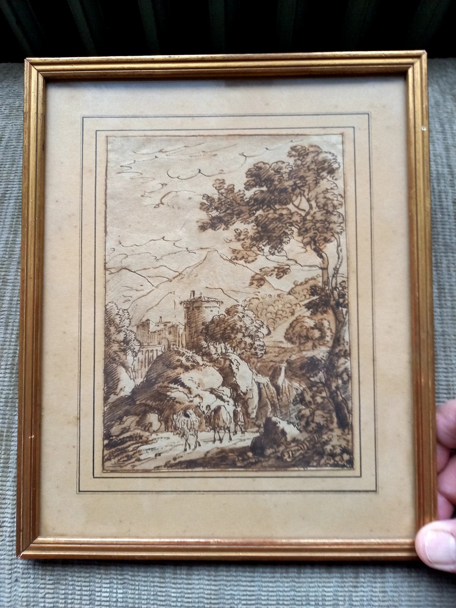 XVIIE siècle,  plume et lavis d'encre.  Paysage d'Italie -photo-2