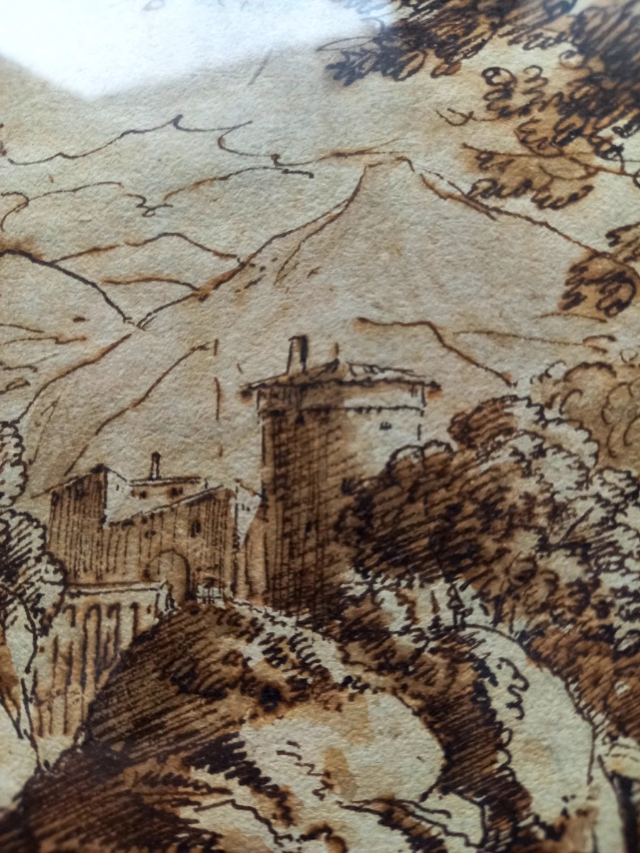 XVIIE siècle,  plume et lavis d'encre.  Paysage d'Italie -photo-4