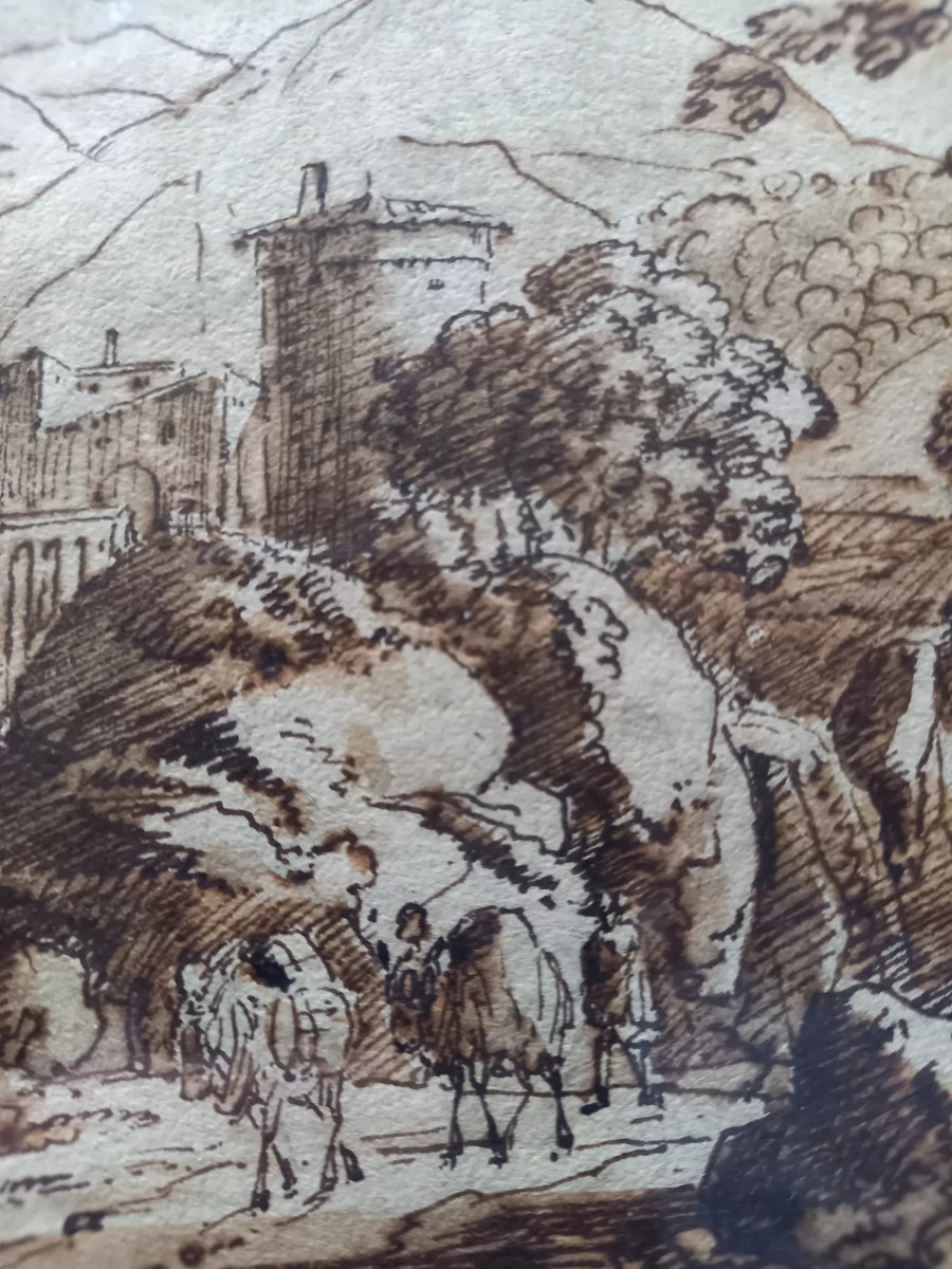 XVIIE siècle,  plume et lavis d'encre.  Paysage d'Italie -photo-3