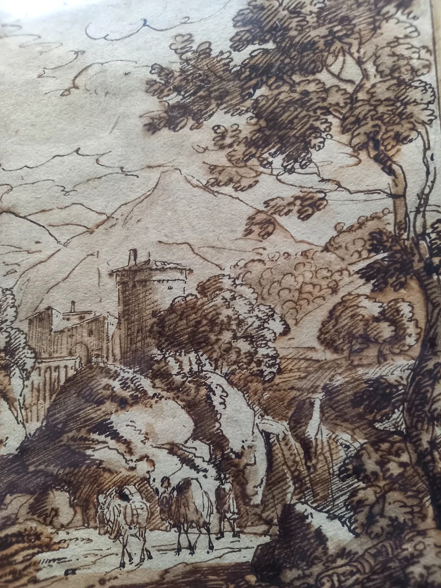 XVIIE siècle,  plume et lavis d'encre.  Paysage d'Italie 