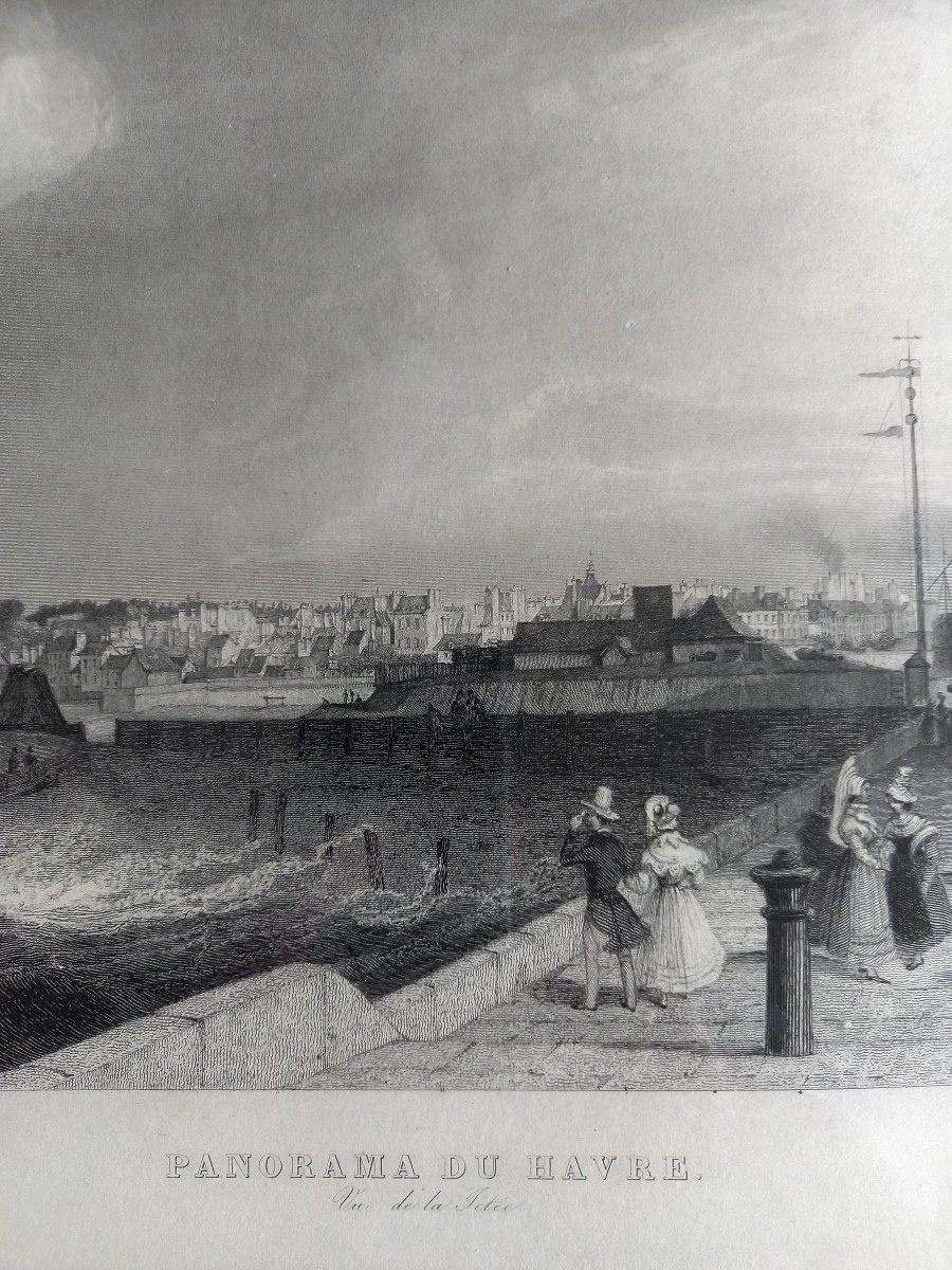 Gravure panoramique milieu XIXE du port du Havre. 97 cm hors tout -photo-3