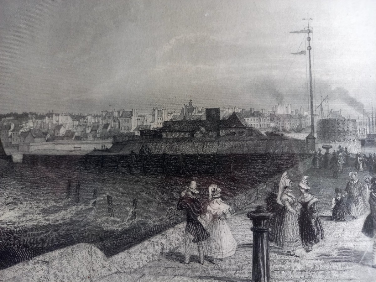 Gravure panoramique milieu XIXE du port du Havre. 97 cm hors tout -photo-2