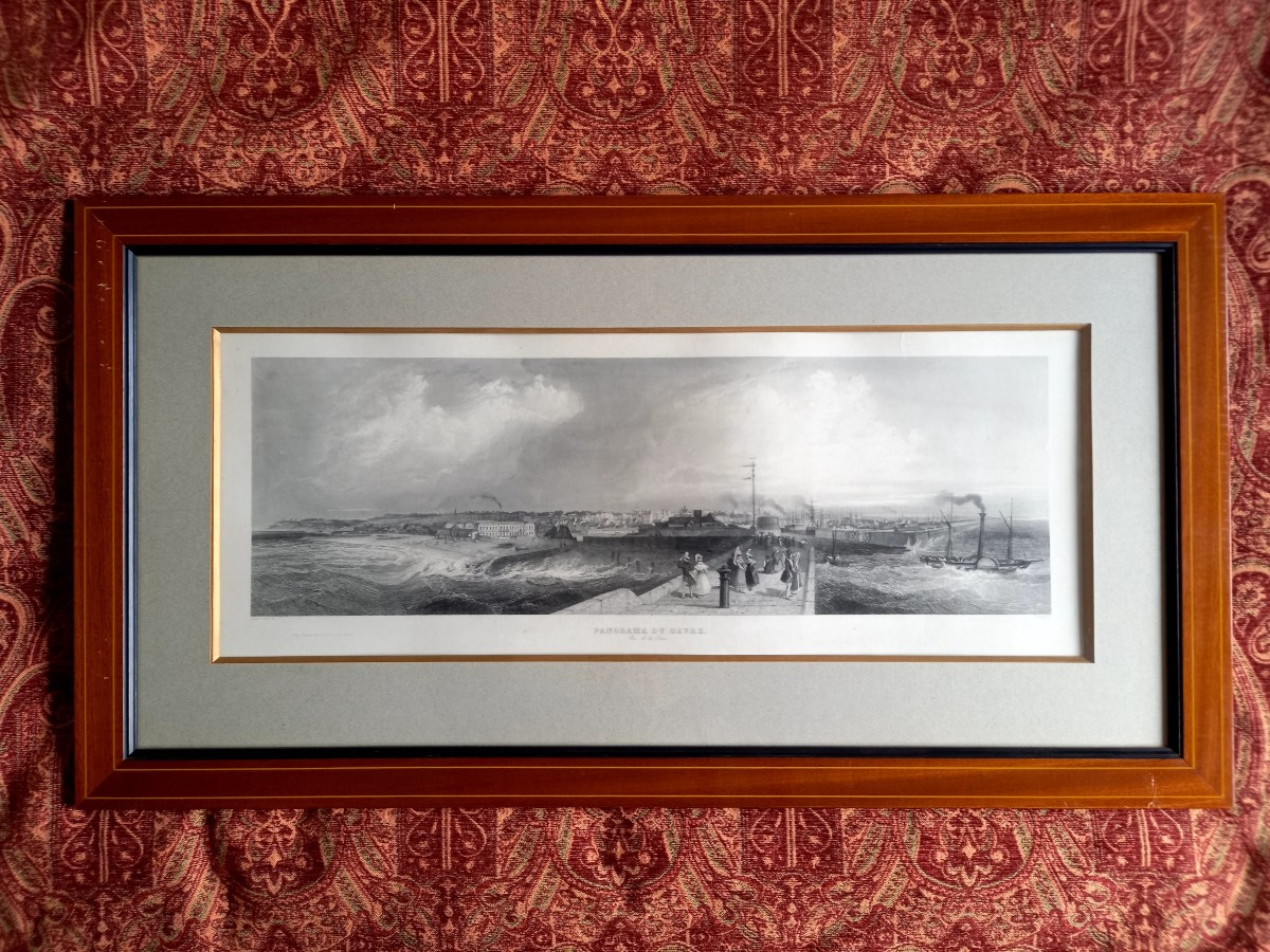 Gravure panoramique milieu XIXE du port du Havre. 97 cm hors tout 
