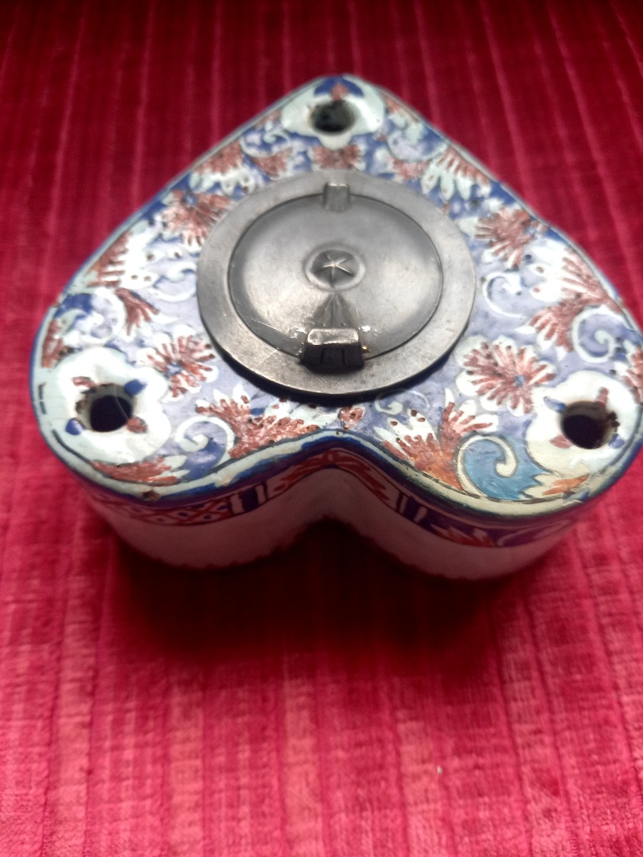 18th-century Rouen Faience Inkwell Complete With Its Pewter Pot-photo-2