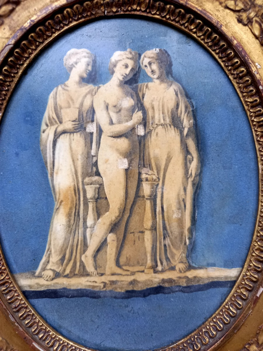 Italy, Early 19th Century. The Three Graces Painted On Slate. -photo-3