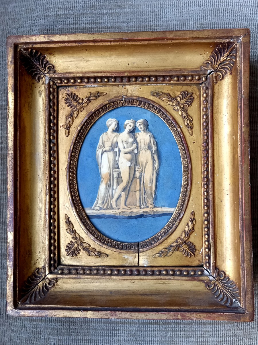 Italy, Early 19th Century. The Three Graces Painted On Slate. 