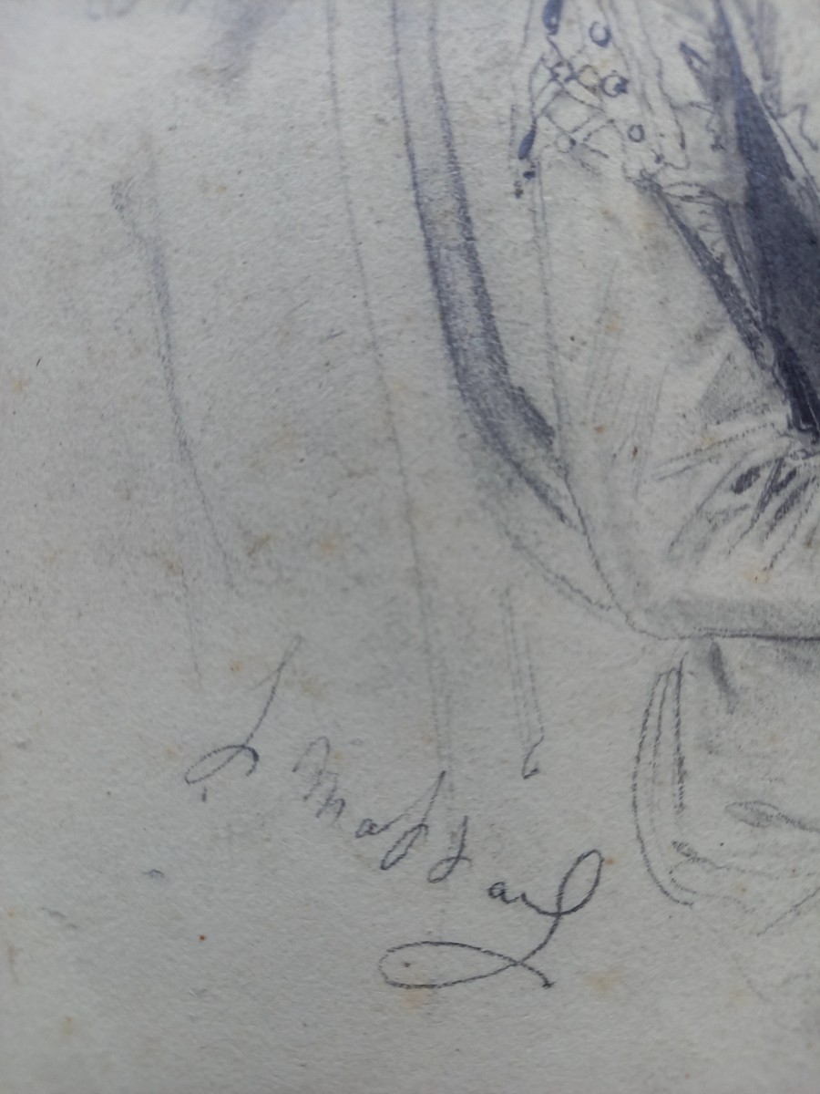 Vers  1850 . Portrait d'une mère et de son fils , dessin à la pierre noire-photo-3