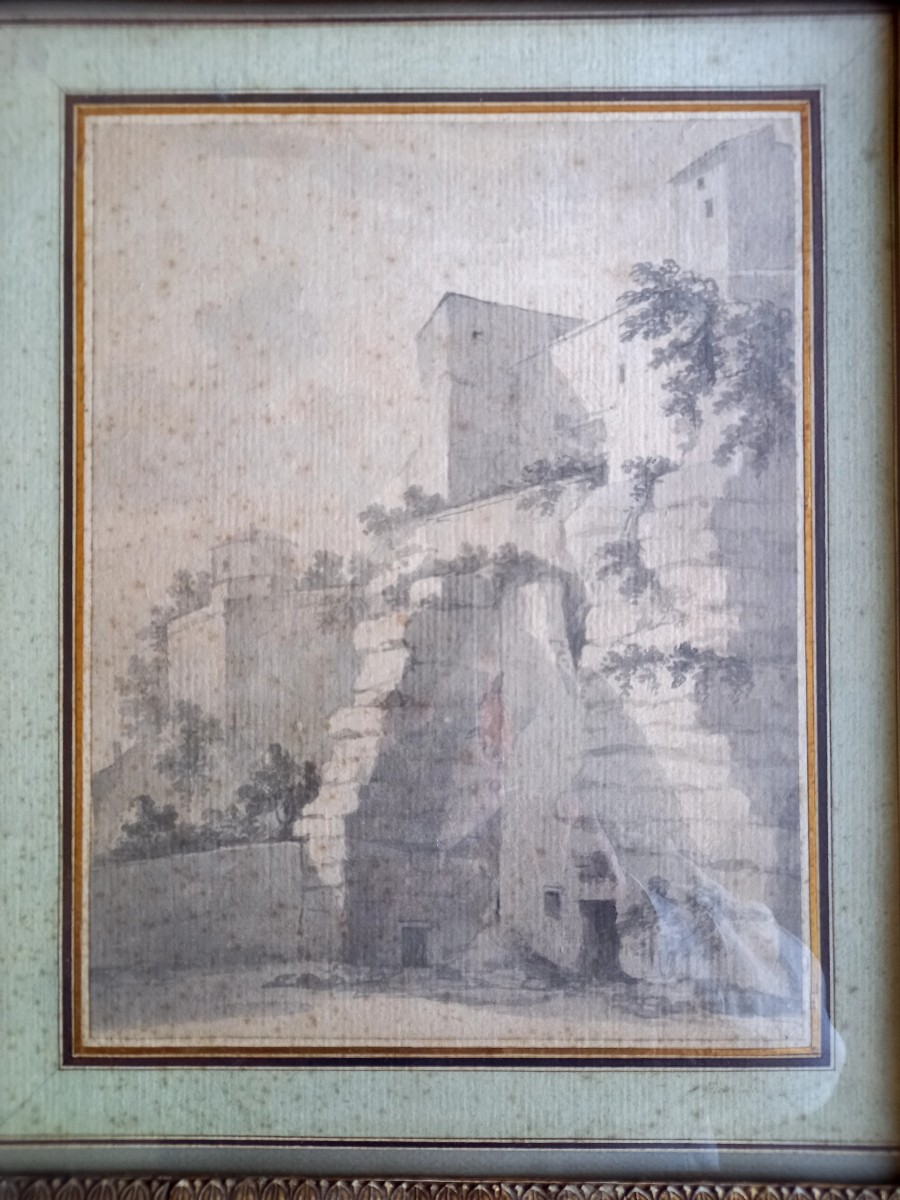 Dessin fin XVIIIE : paysage de ruines des contreforts d'une ville -photo-2