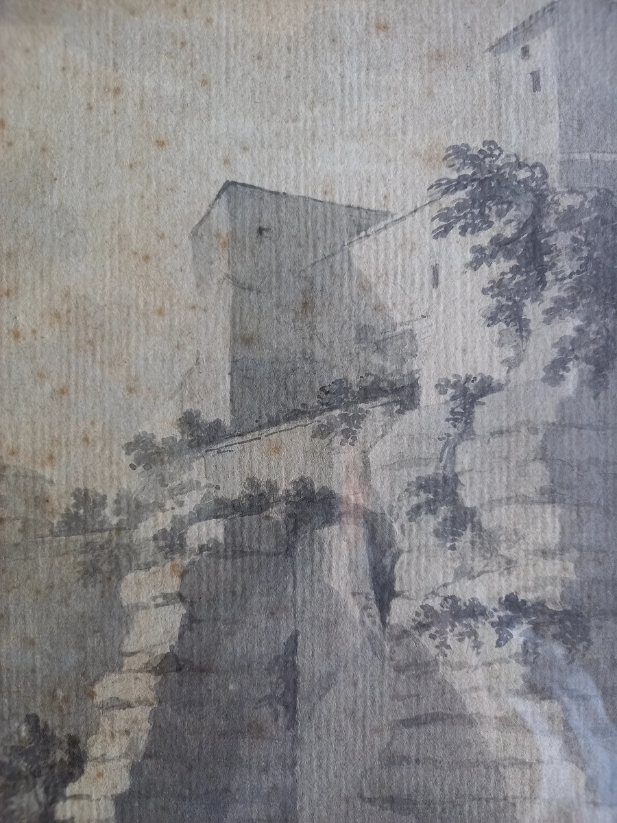 Dessin fin XVIIIE : paysage de ruines des contreforts d'une ville -photo-4