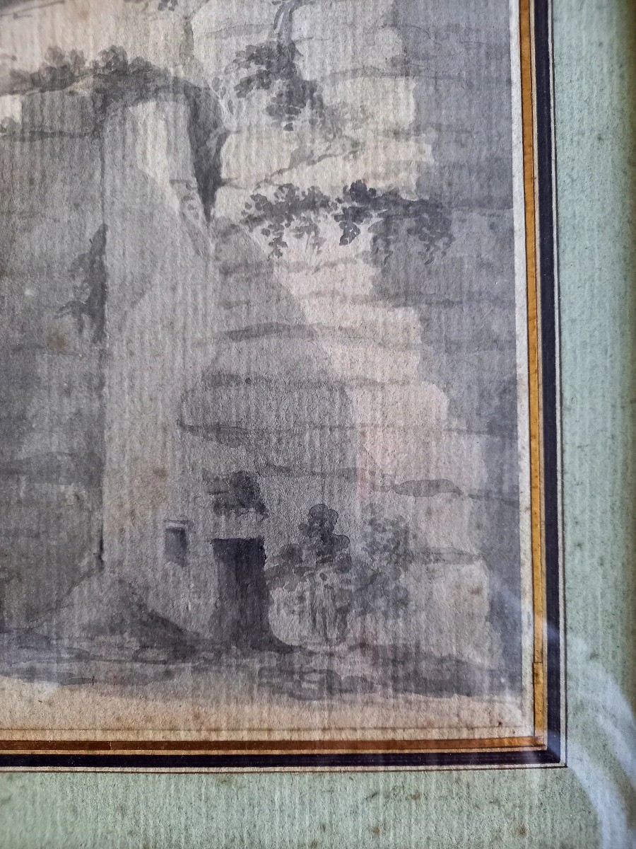 Dessin fin XVIIIE : paysage de ruines des contreforts d'une ville -photo-1