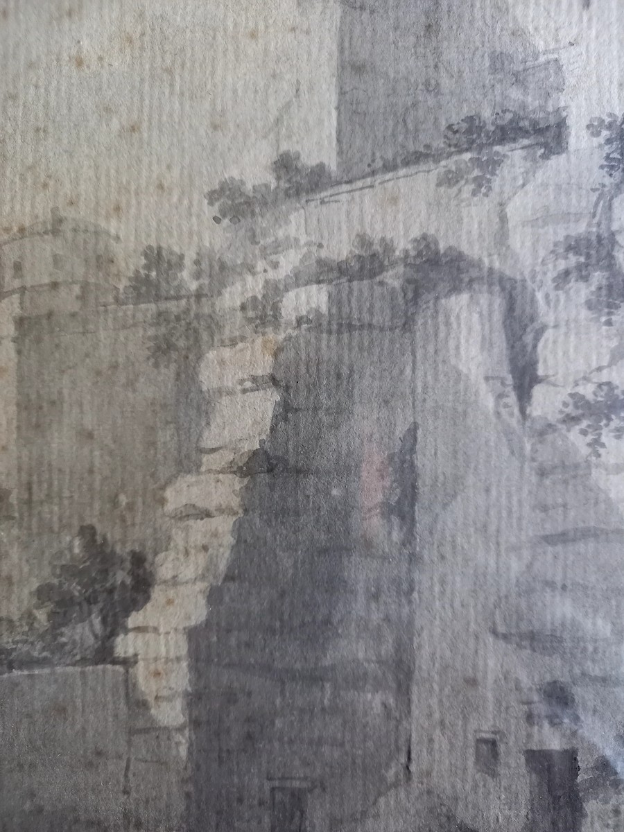 Dessin fin XVIIIE : paysage de ruines des contreforts d'une ville -photo-2