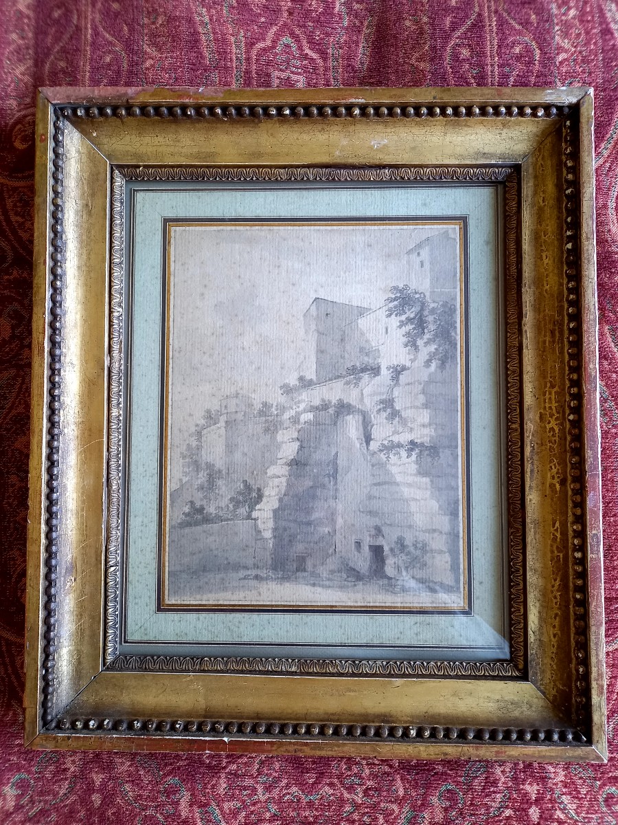 Dessin fin XVIIIE : paysage de ruines des contreforts d'une ville 