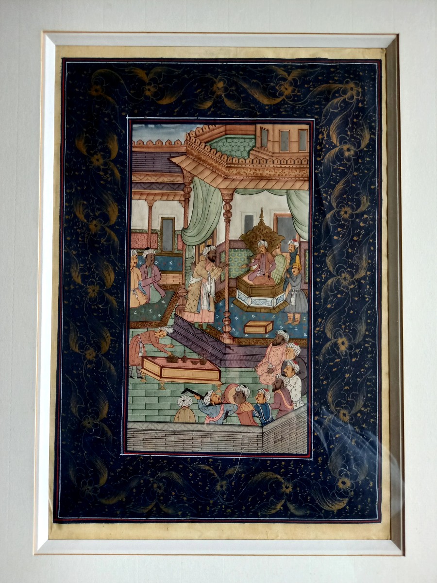 Early 20th Century Indian Miniature.  Reception Scene In A Palace-photo-2