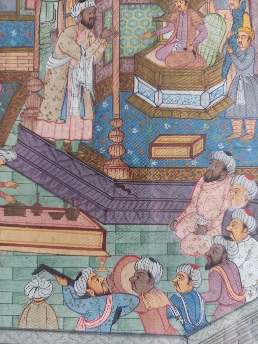 Early 20th Century Indian Miniature.  Reception Scene In A Palace-photo-1