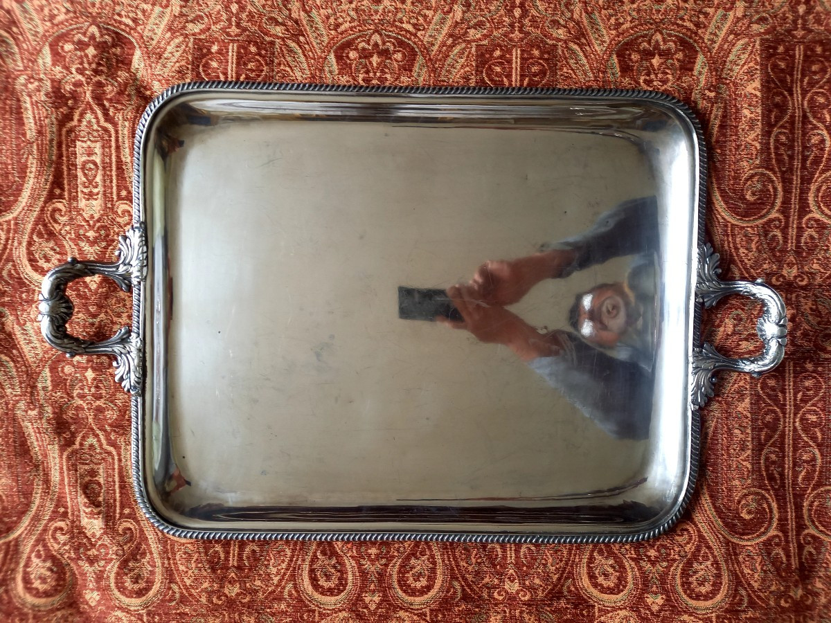 Vers 1840 .grand plateau en métal doublé portant au revers  LP surmonté d'une couronne fermée -photo-4