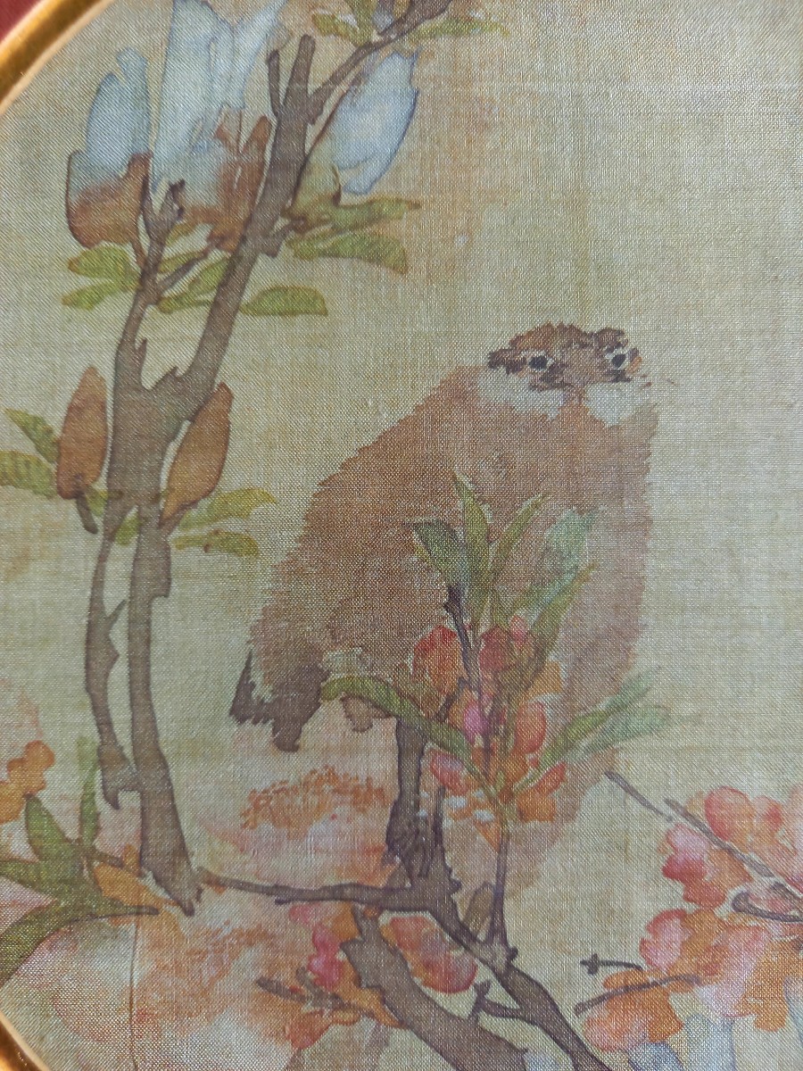 China XIXth.  Silk Fan Leaf Painted With A Pair Of Birds-photo-2