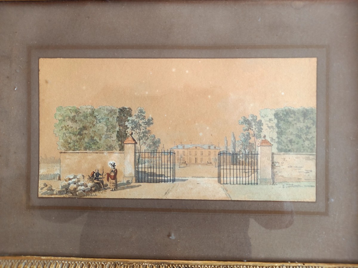 Début XIXe.  Aquarelle entrée d'un château.  Joli cadre -photo-2