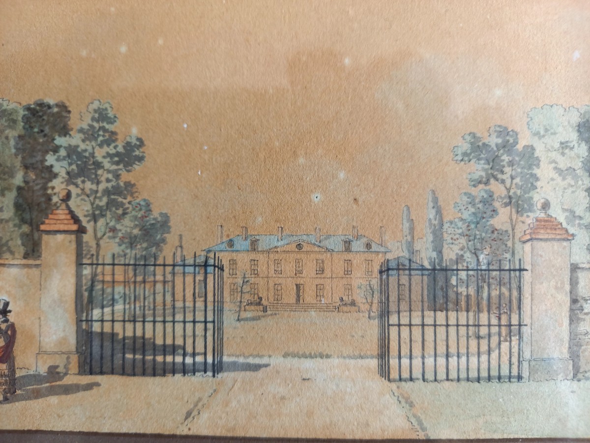Début XIXe.  Aquarelle entrée d'un château.  Joli cadre -photo-3
