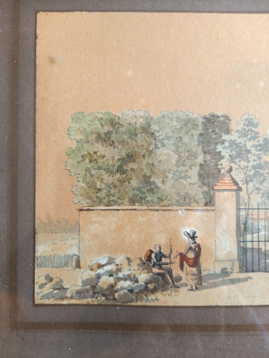 Début XIXe.  Aquarelle entrée d'un château.  Joli cadre -photo-4