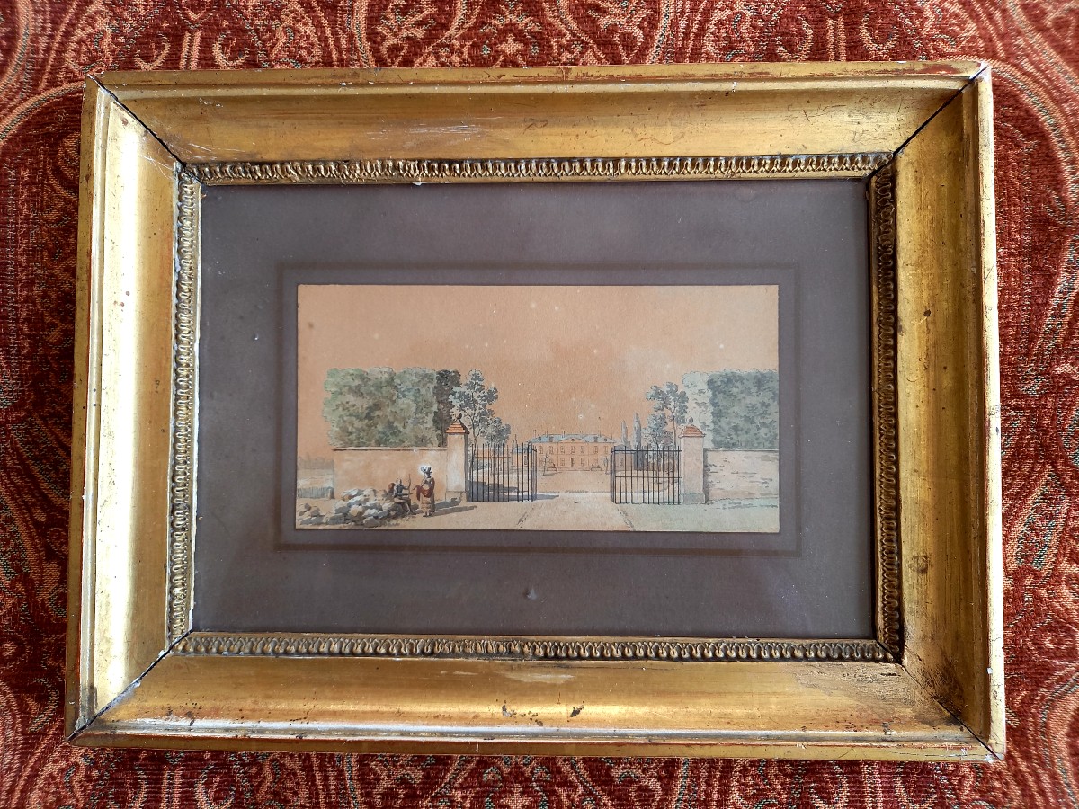 Début XIXe.  Aquarelle entrée d'un château.  Joli cadre 