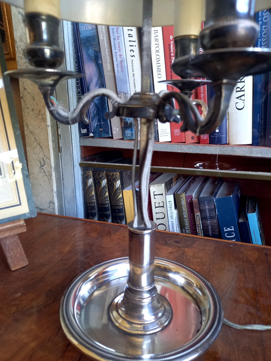 Lampe bouillotte XIXe en métal argenté monté à l'électricité -photo-2