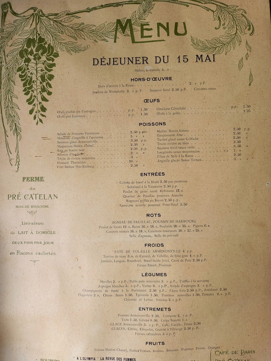 Vers 1900 . Le Pré Catelan.  Quatre Menus illustré par Georges Redon encadré -photo-2