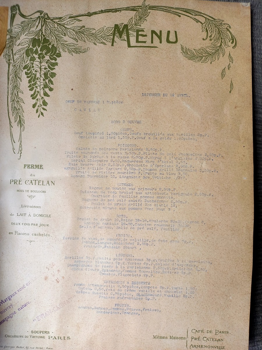 Vers 1900 . Le Pré Catelan.  Quatre Menus illustré par Georges Redon encadré -photo-3