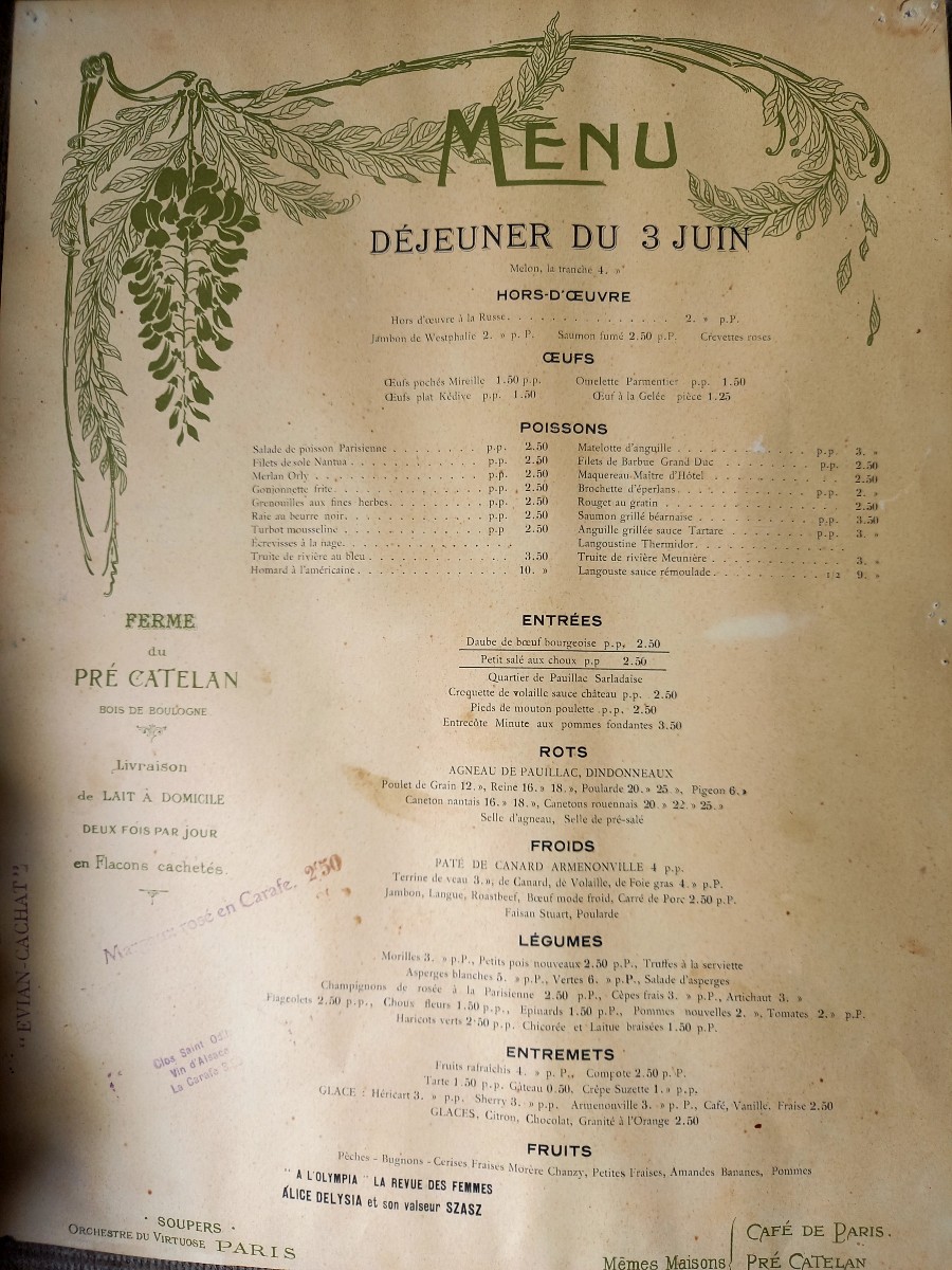 Vers 1900 . Le Pré Catelan.  Quatre Menus illustré par Georges Redon encadré -photo-4