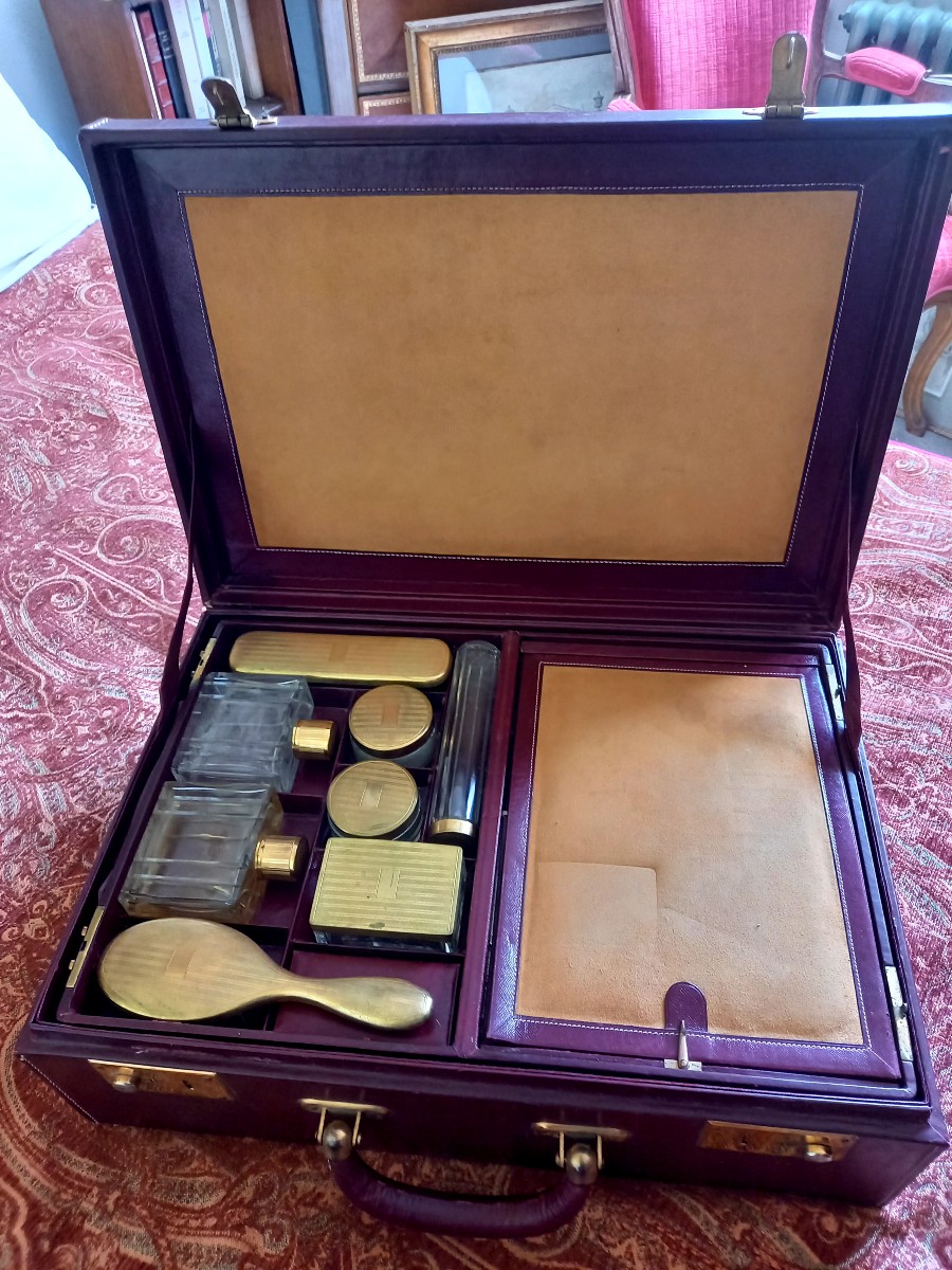 Circa 1950. Guerlain. Travel Kit: Suitcase, Toiletry Bag And Spray Bottle