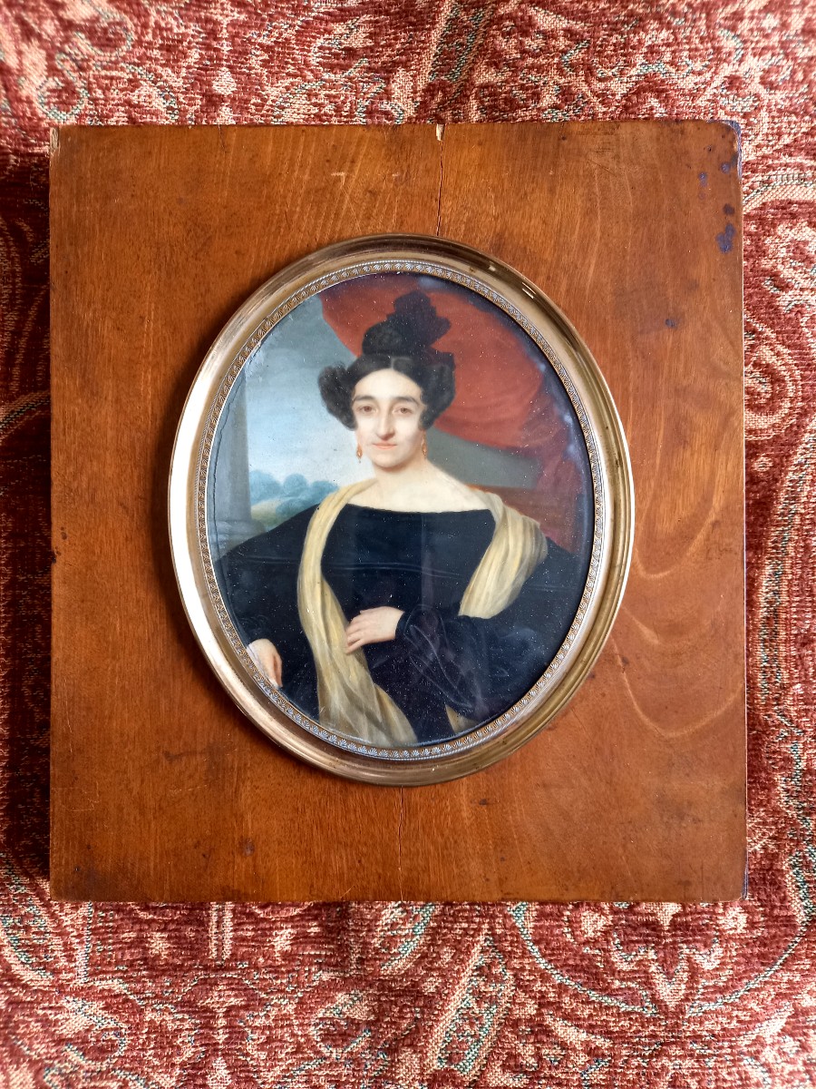 Daté 1839 . Signé Bertrand.  Portrait en miniature sur fond de paysage -photo-2
