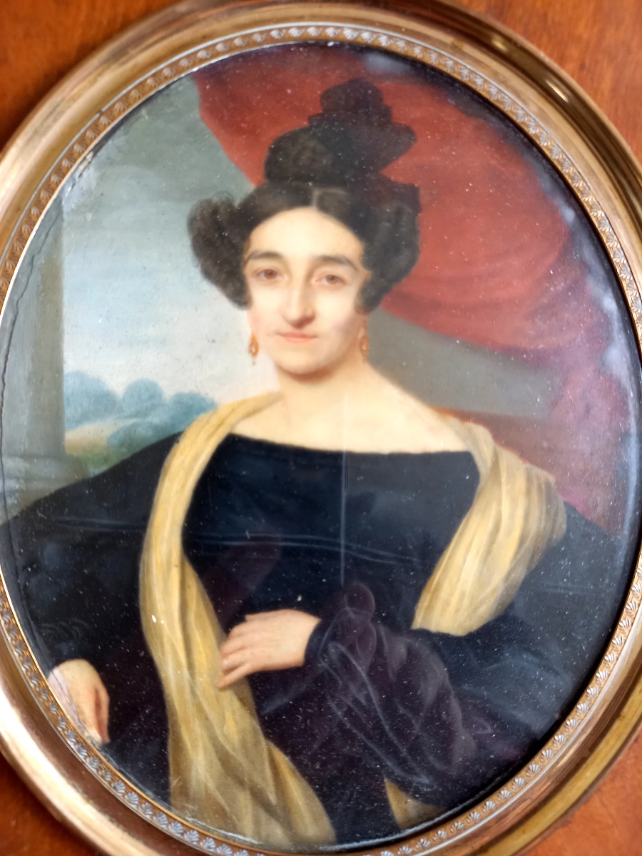 Daté 1839 . Signé Bertrand.  Portrait en miniature sur fond de paysage -photo-3