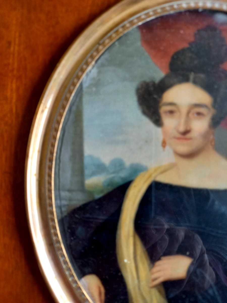 Daté 1839 . Signé Bertrand.  Portrait en miniature sur fond de paysage -photo-4