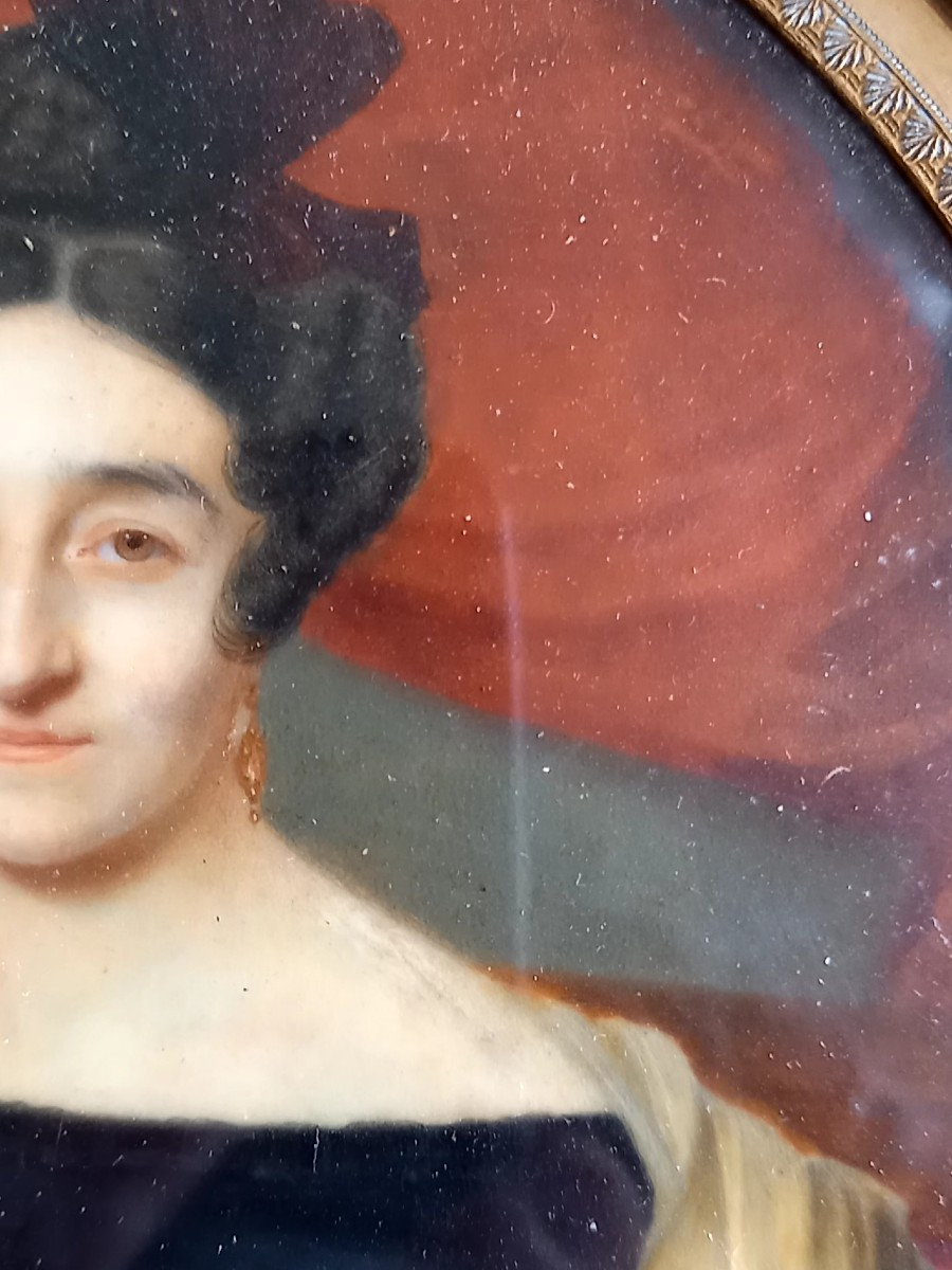 Daté 1839 . Signé Bertrand.  Portrait en miniature sur fond de paysage -photo-2