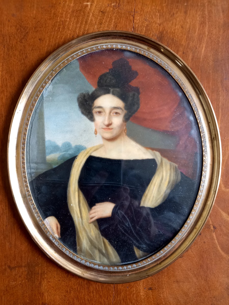 Daté 1839 . Signé Bertrand.  Portrait en miniature sur fond de paysage 