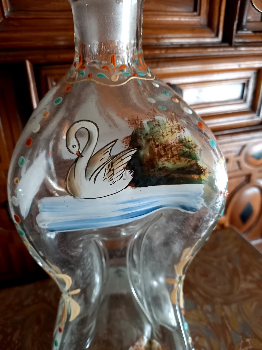 Norvège XIXe siècle.  Flacon en verre soufflé et peint dit Kluk kluk-photo-1