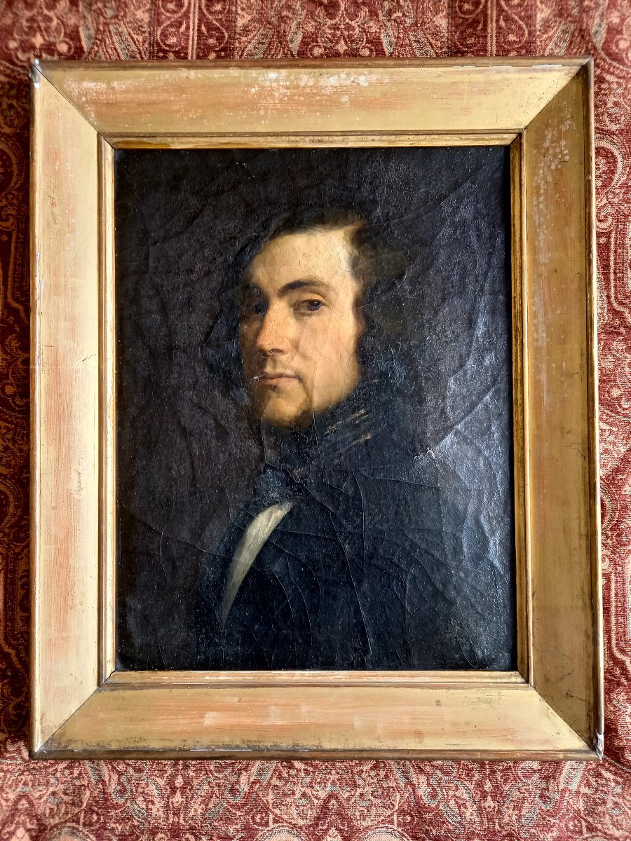 Circa 1840. Oil On Cardboard.  Portrait Of A Young Man-photo-2