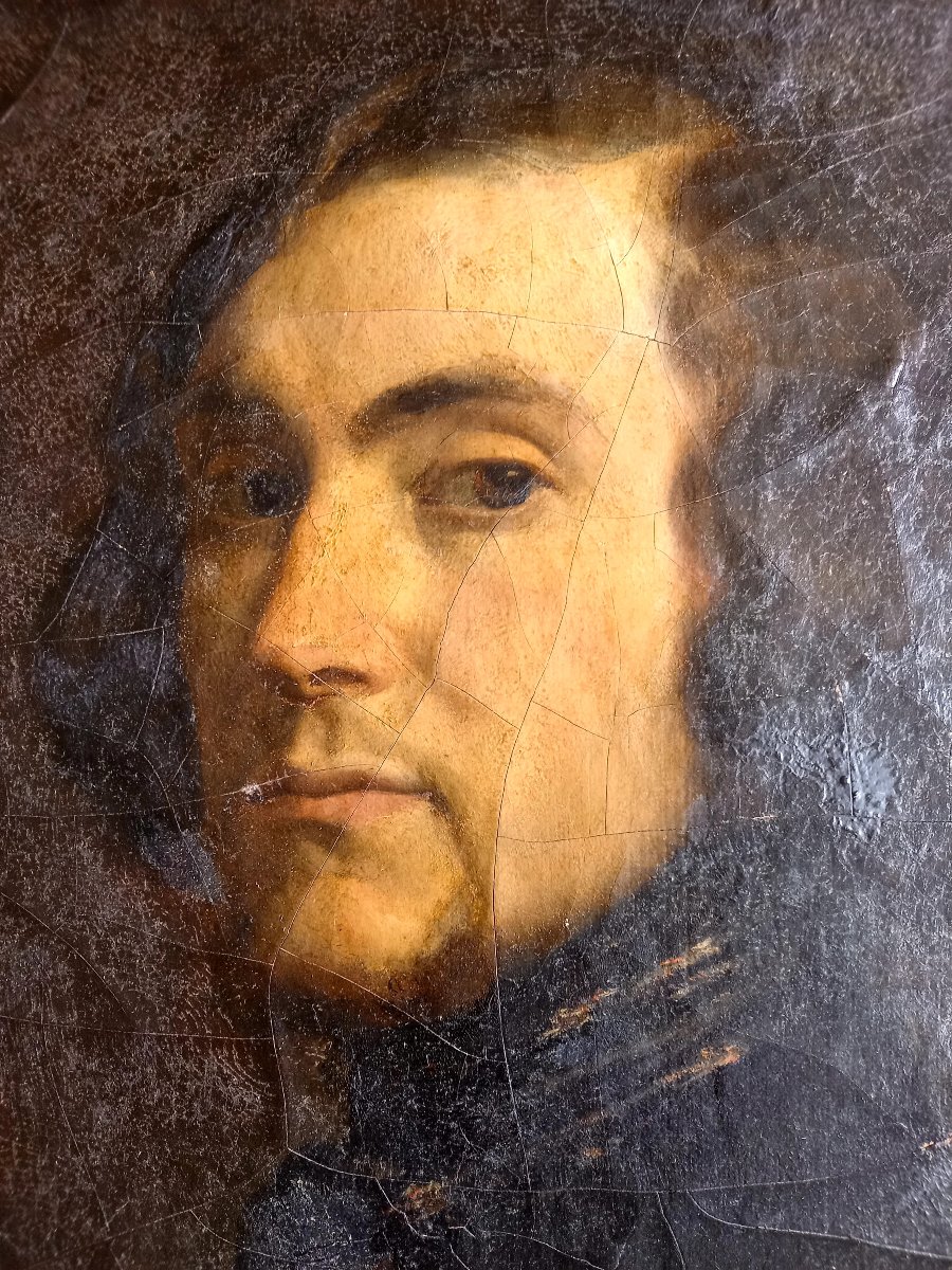 Circa 1840. Oil On Cardboard.  Portrait Of A Young Man-photo-3