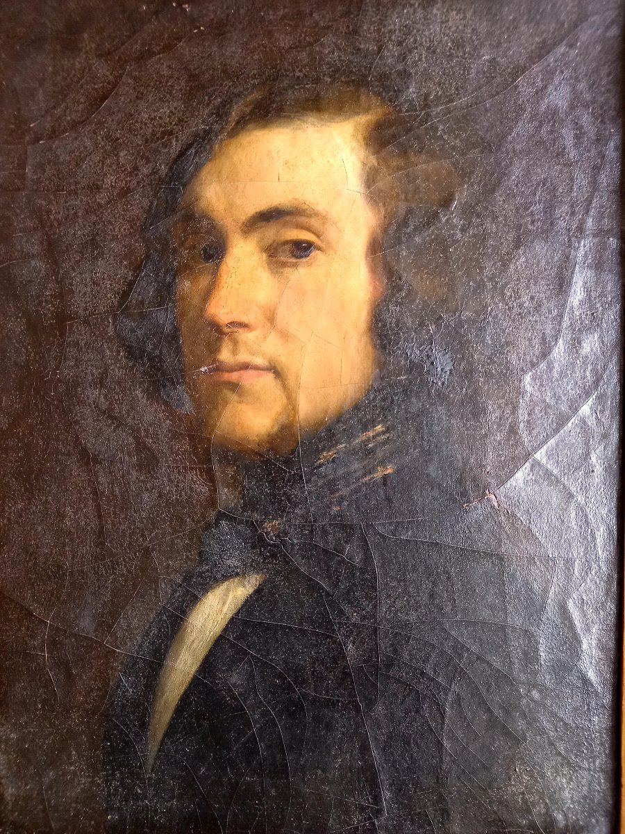 Circa 1840. Oil On Cardboard.  Portrait Of A Young Man